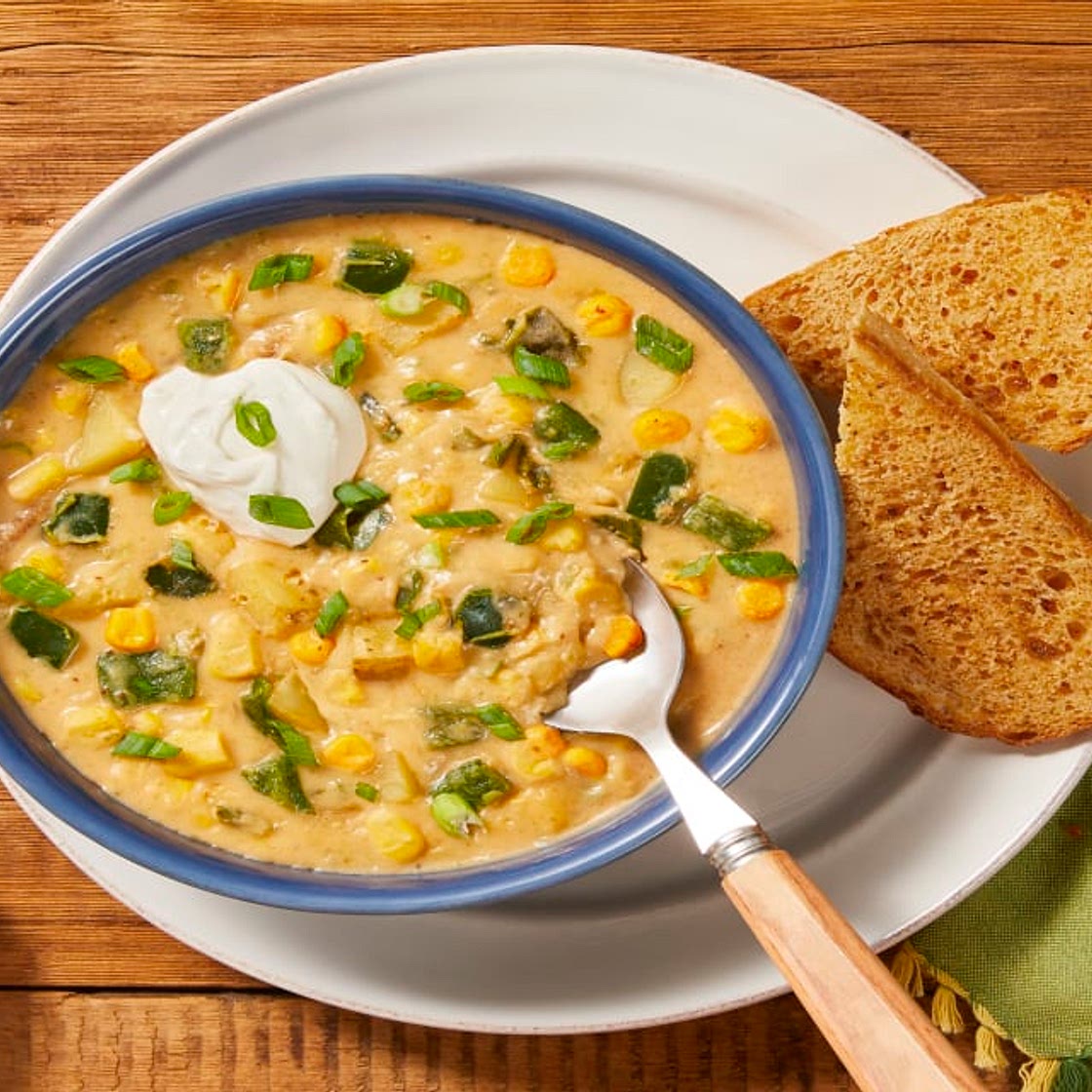 Sweet Corn & Poblano Chowder with Old Bay Toast
