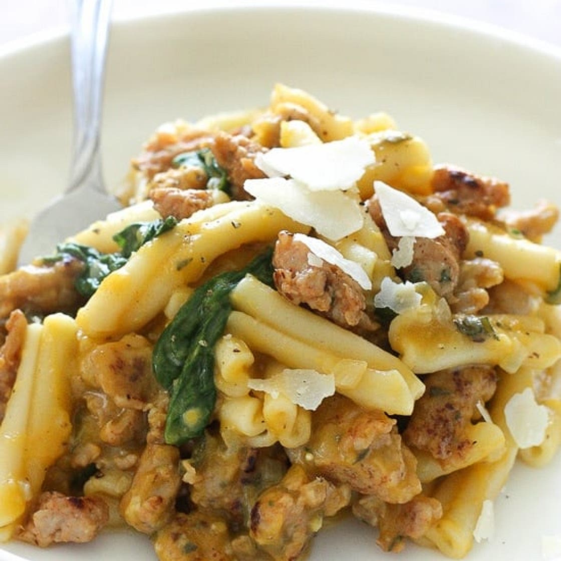 Pasta with Butternut Sauce, Spicy Sausage and Baby Spinach