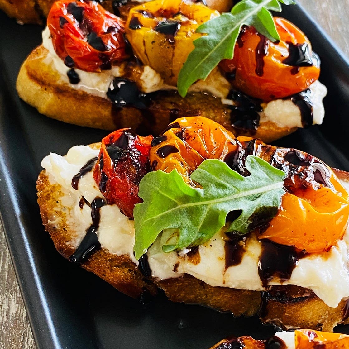Balsamic Tomato Burrata Crostini