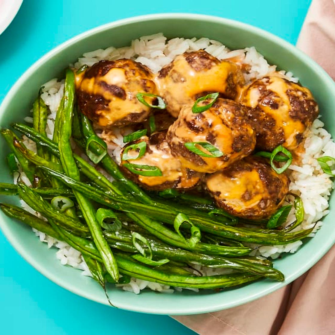 Firecracker Meatballs with Roasted Green Beans & Jasmine Rice
