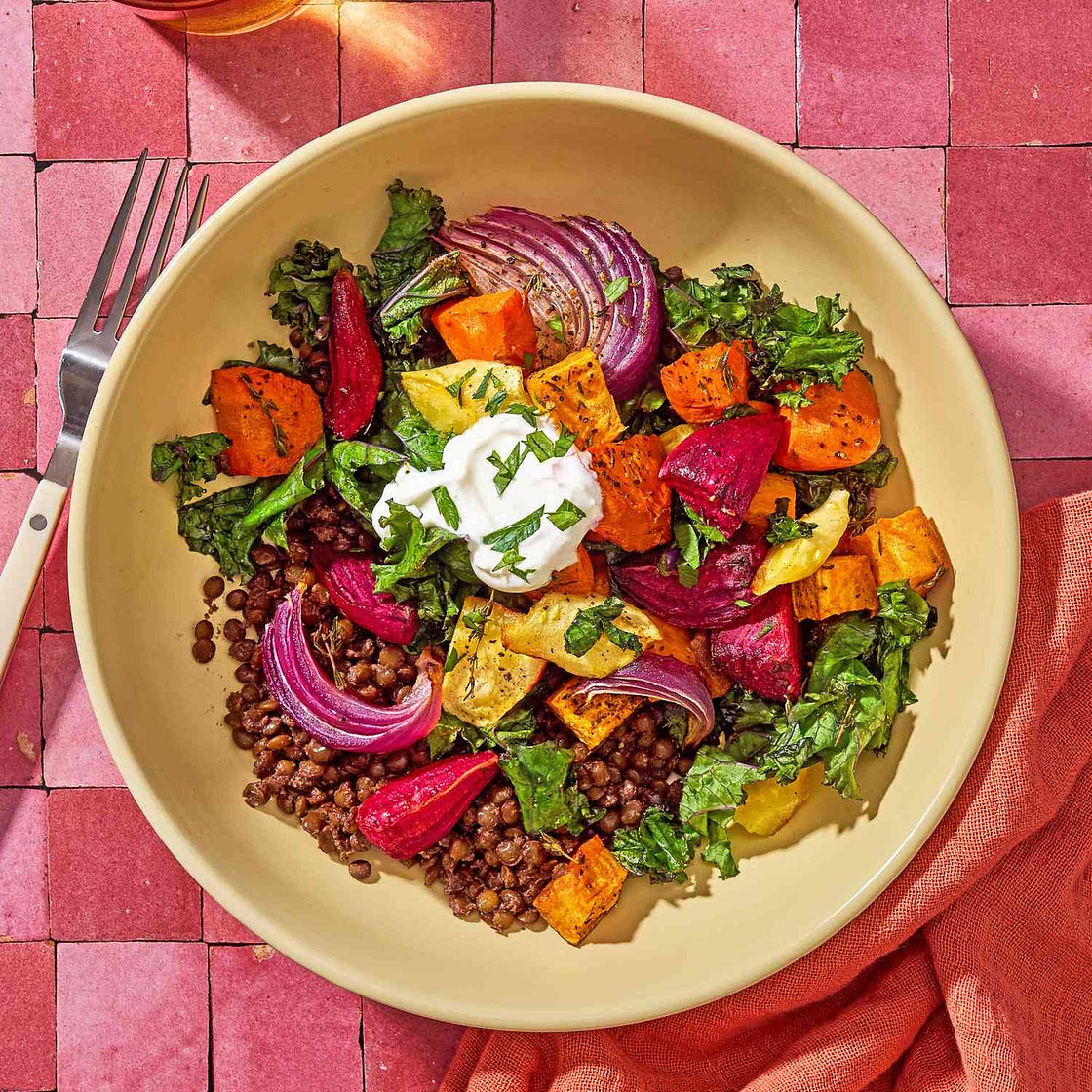 Roasted Root Veggies & Greens over Spiced Lentils