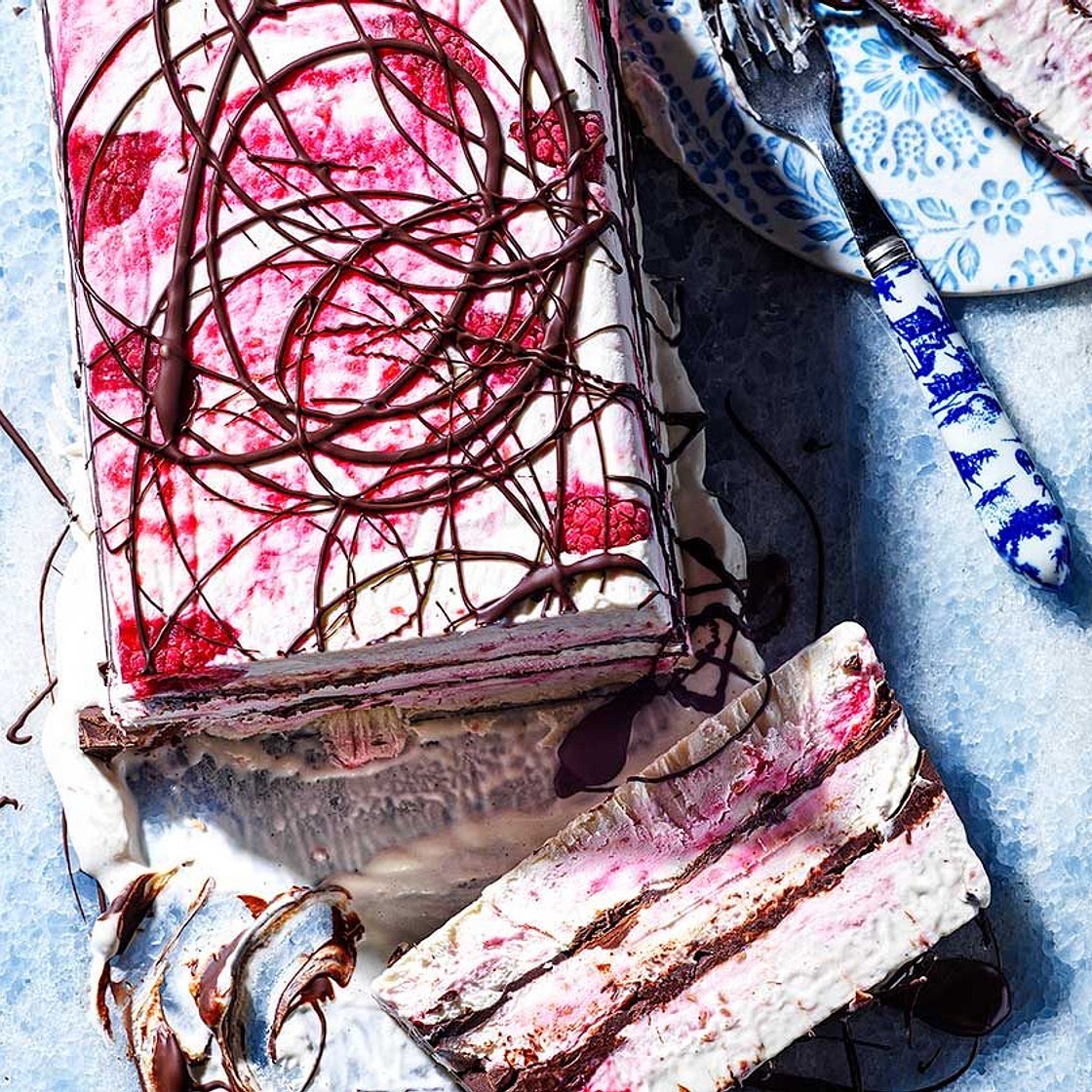 Raspberry & dark chocolate cheat's ice cream terrine