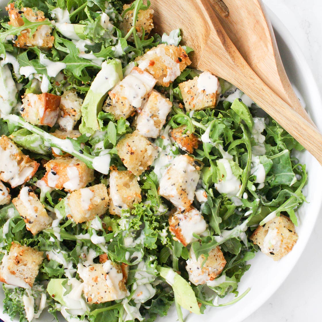 Vegan Avocado Kale Caesar with Everything Bagel Croutons