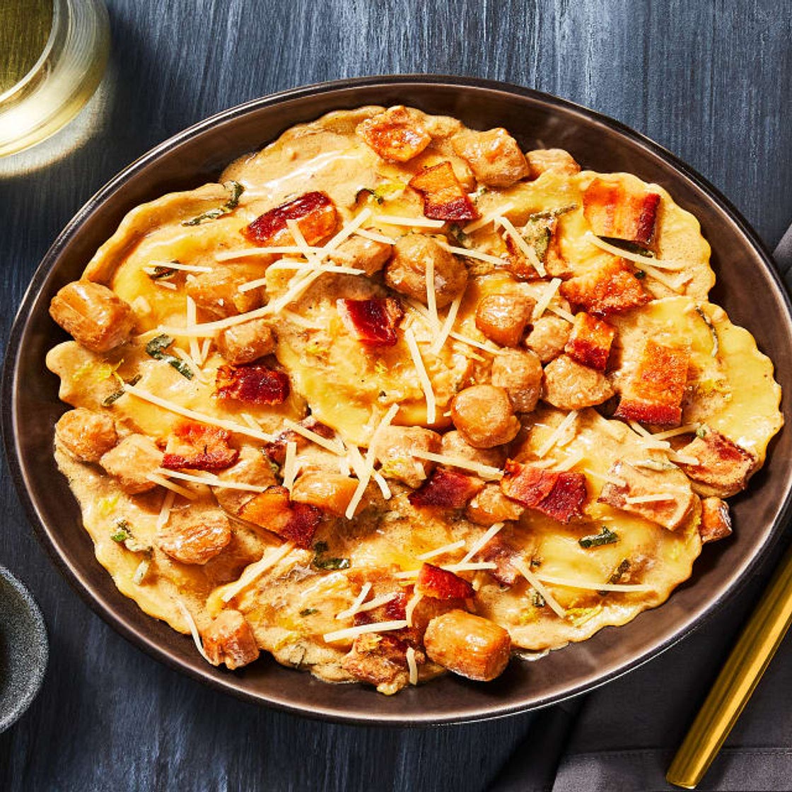 Squash Agnolotti with Bacon & Scallops in a Brown Butter-Sage Cream Sauce