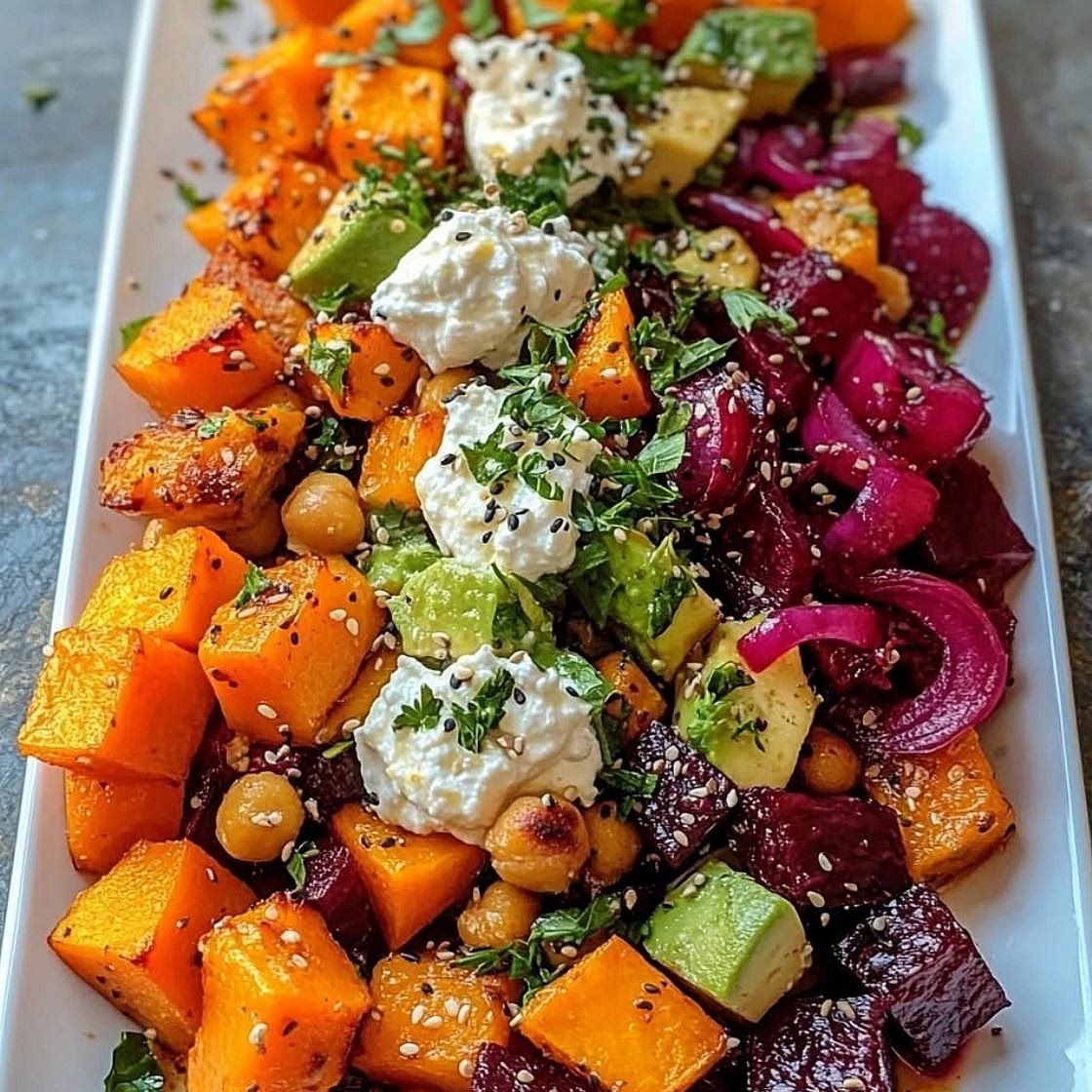 Golden Roasted Pumpkin & Beet Salad with Creamy Ricotta Clouds
