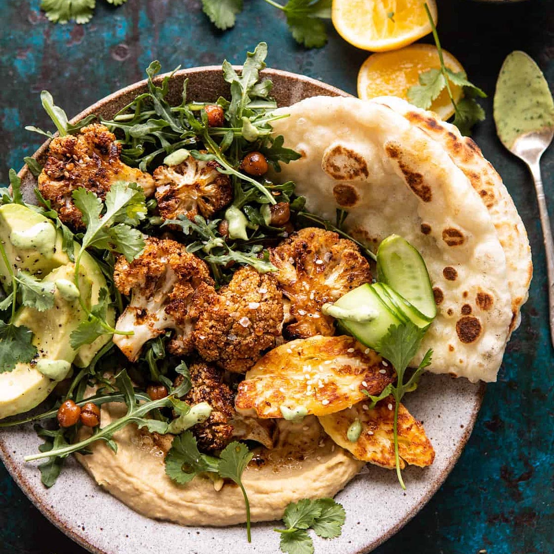 Cauliflower Shawarma with Green Tahini and Fried Halloumi