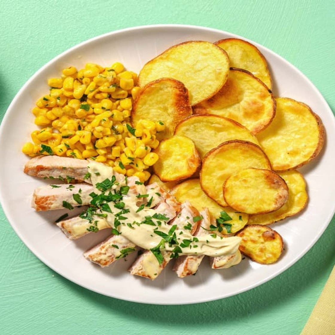 Southern Pork Chops with White BBQ Sauce, Buttery Corn and Crispy Potatoes
