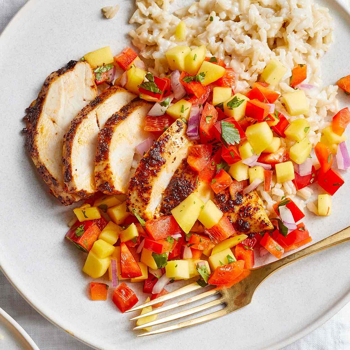 Chili-Rubbed Chicken with Coconut Rice & Mango Salsa