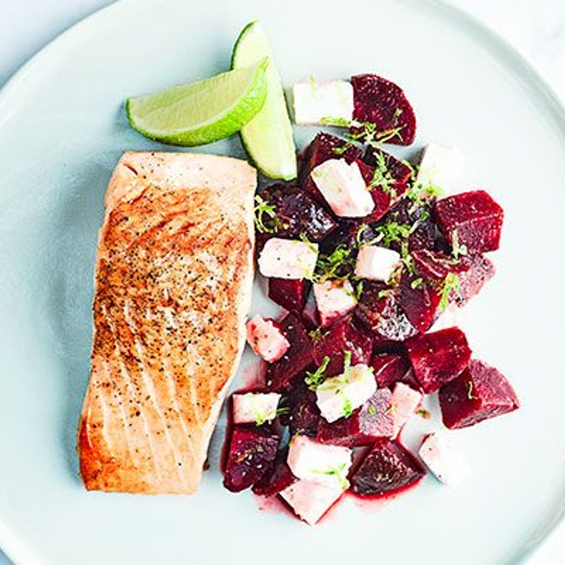 Salmon with beetroot, feta & lime salsa