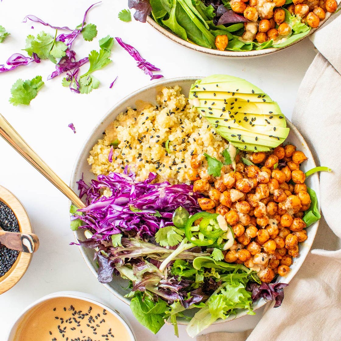 Roasted Chickpea Quinoa Bowls with Sesame Ginger Dressing