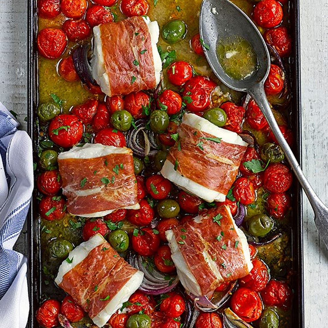 Cod, cherry tomato and green olive traybake