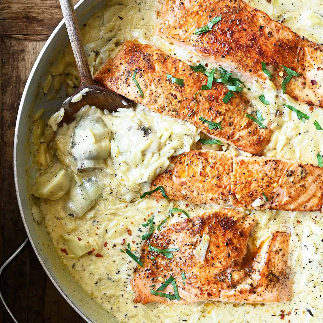 Salmon with Artichoke Orzo