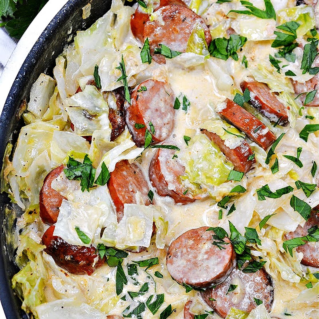 Keto TikTok Cajun Sausage and Cabbage Alfredo