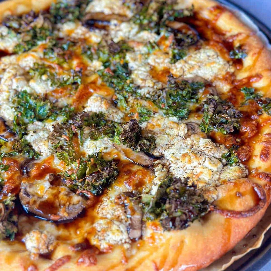 Balsamic Goat Cheese Kale and Mushroom Pizza