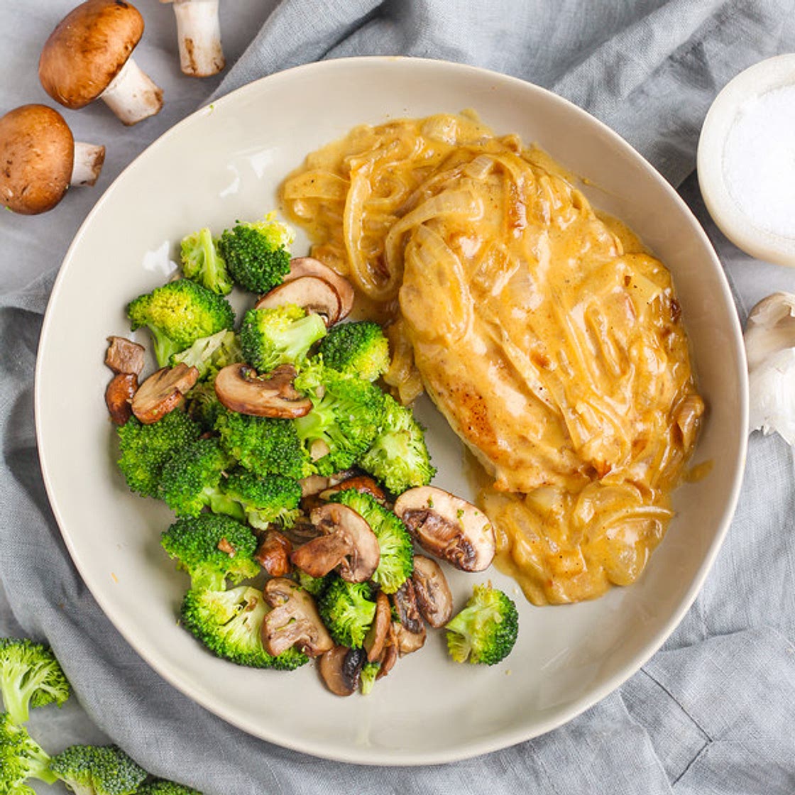 Smothered Pork Chops in Creamy Onion Gravy with Broccoli & Mushrooms