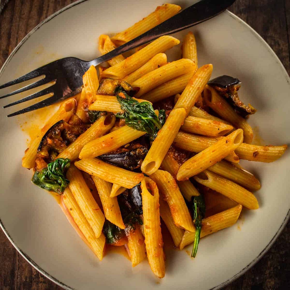 Pasta with Eggplant and Spinach
