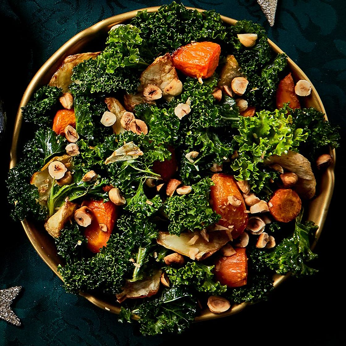 Roasted celeriac & carrots with kale & hazelnuts