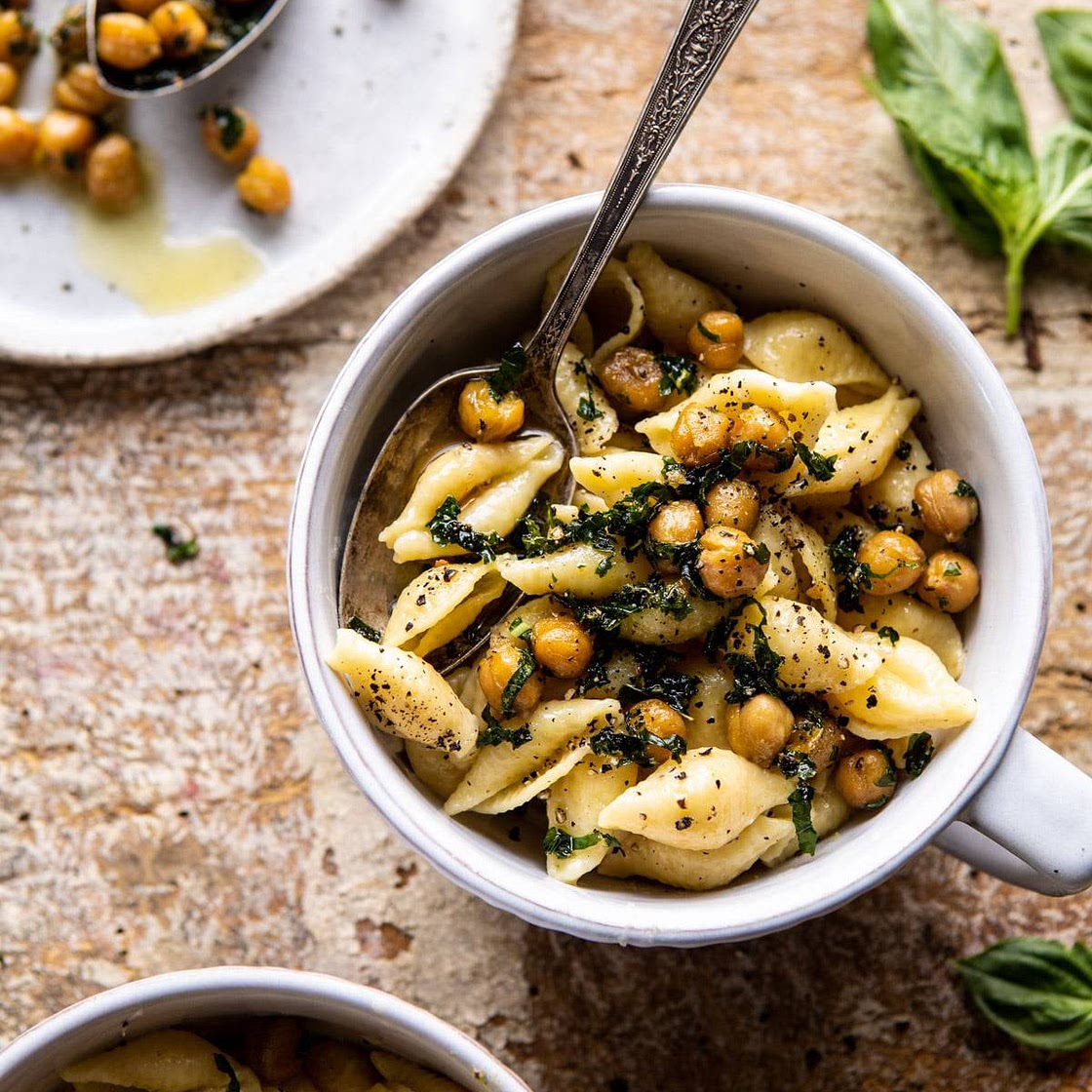 Instant Pot Cacio e Pepe with Crispy Garlic Basil Chickpeas