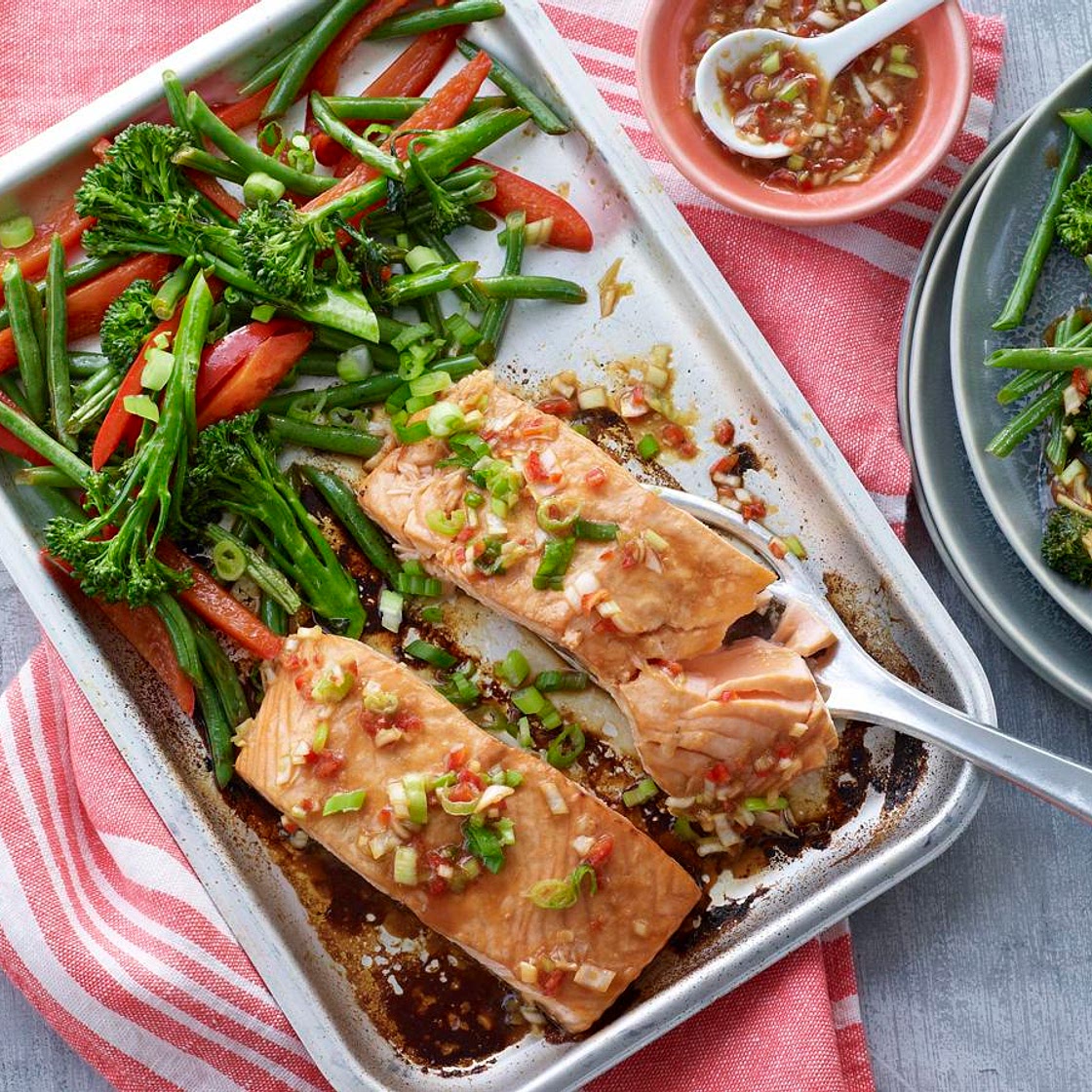Salmon traybake with soy, chilli and lime