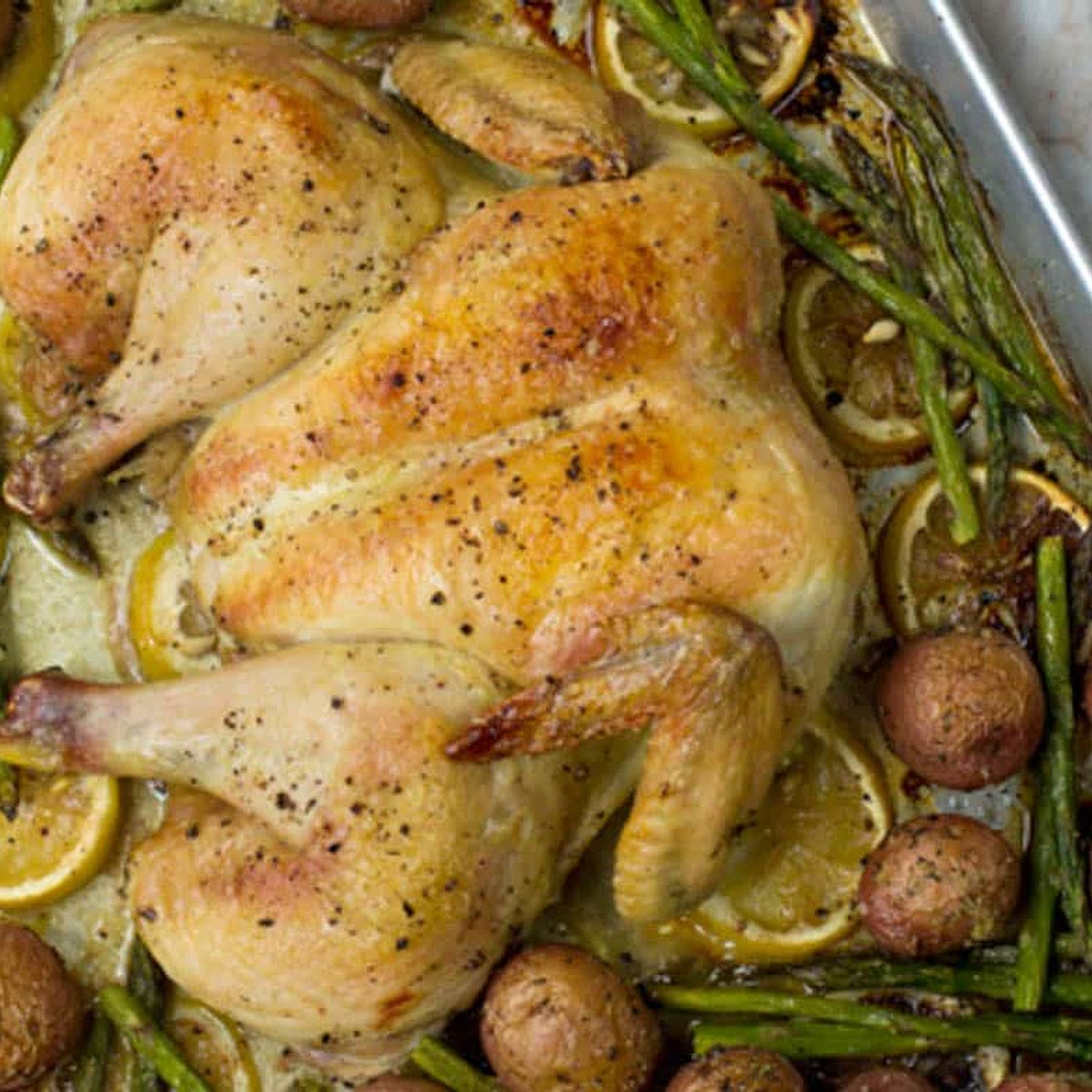 Spatchcock Chicken with Potatoes, Asparagus, and Lemon