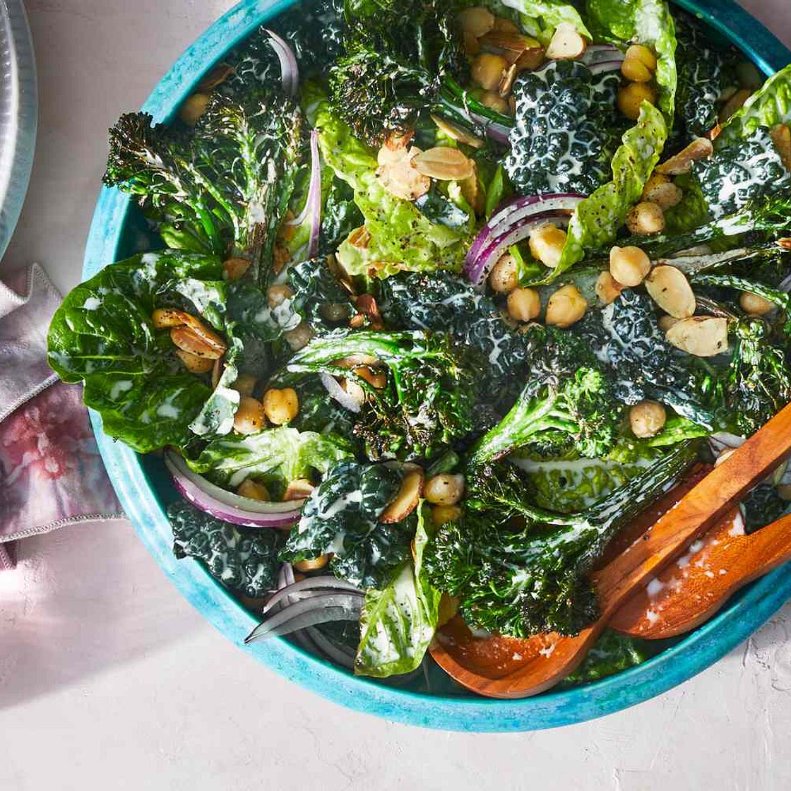 Charred Broccolini Caesar with Kale and Chickpeas