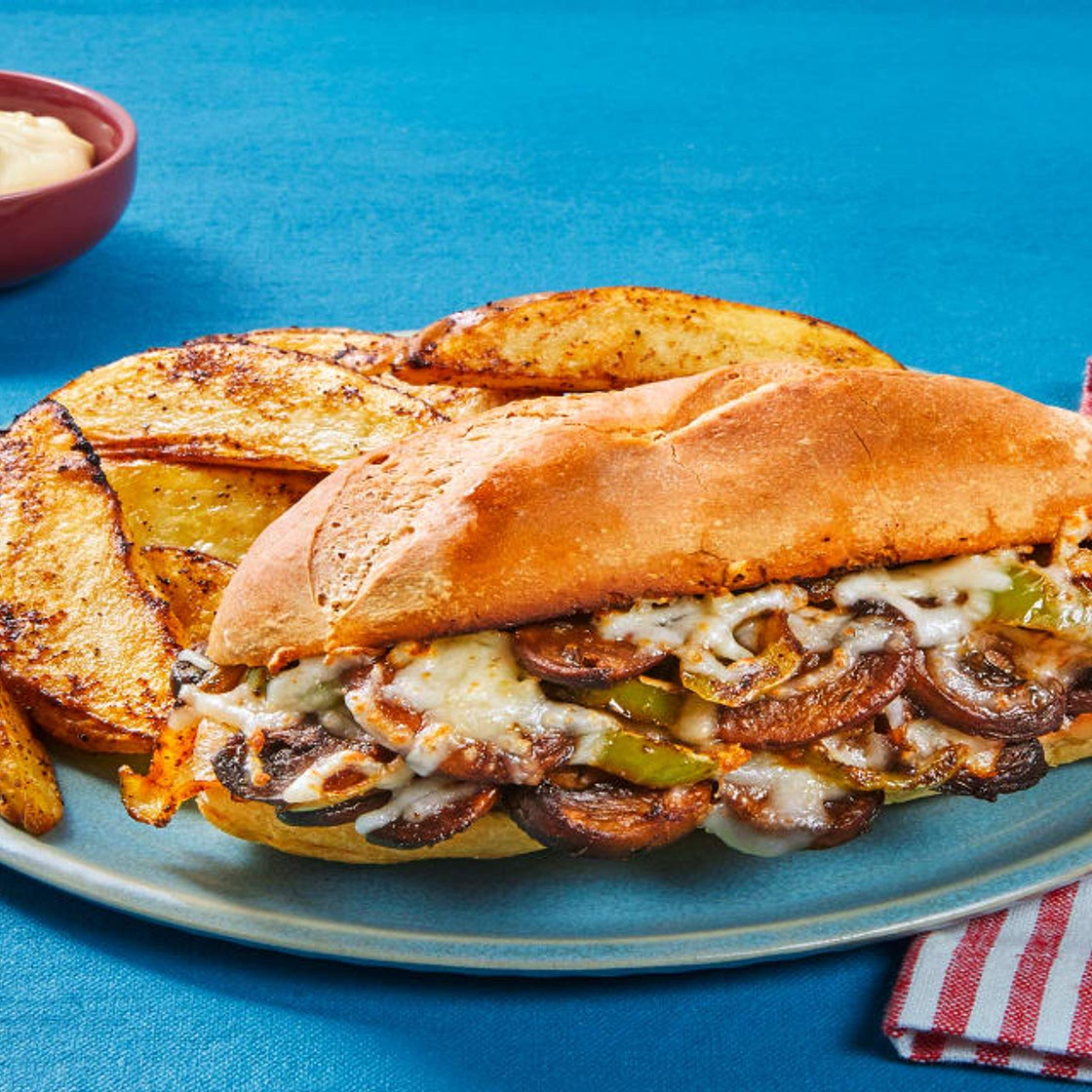 Mozzarella & Mushroom Hoagies with Dijon Mayo & Seasoned Potato Wedges