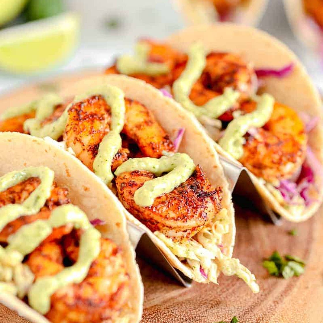 Spicy Shrimp Tacos with Avocado Crema