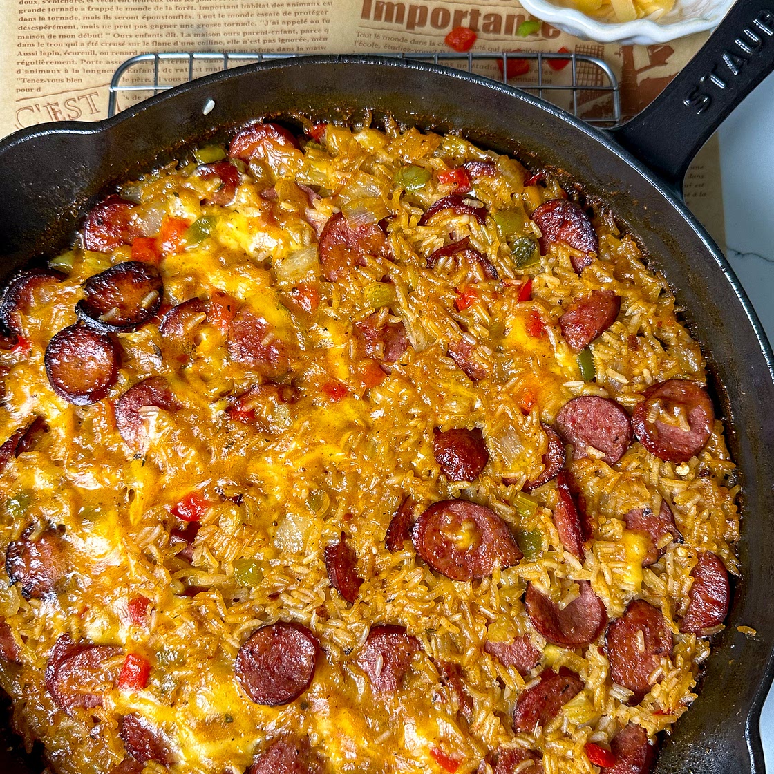 One-pan cheesy rice and sausage skillet