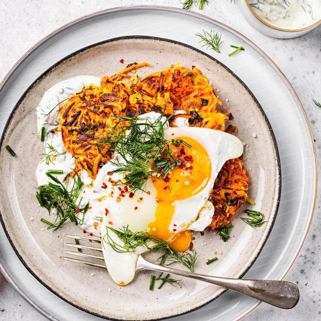 Röstis de patates douces et œufs au plat