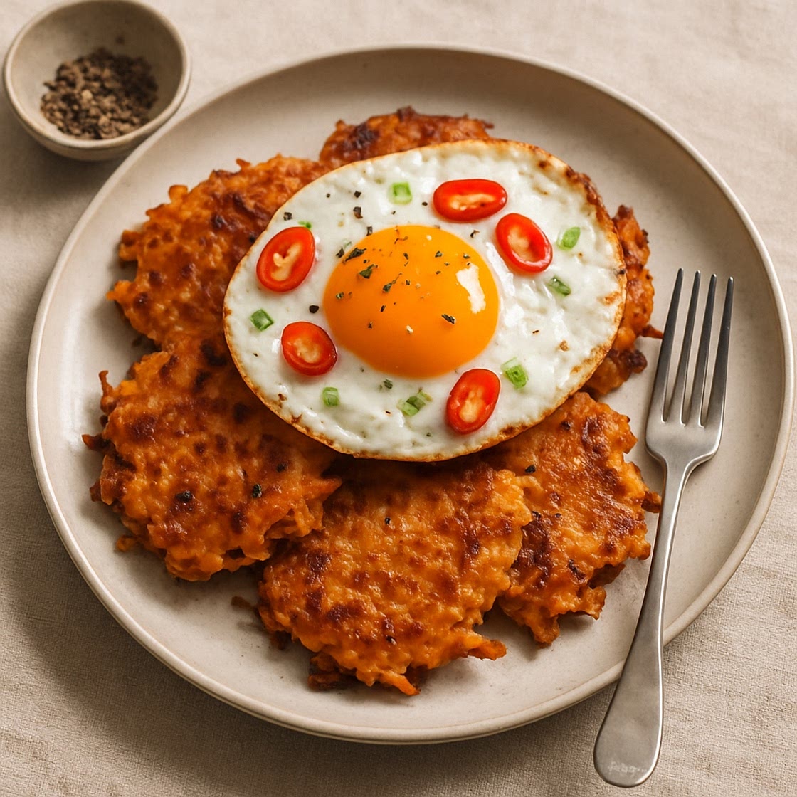 Crispy Cheese Smashed Sweet Potato Pancakes + Chilli Fried Egg