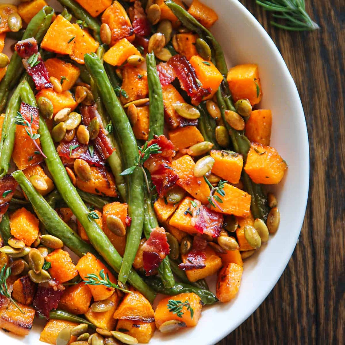 Thanksgiving Roasted Veggies (Green Beans and Butternut Squash) with Bacon and Pumpkin Seeds