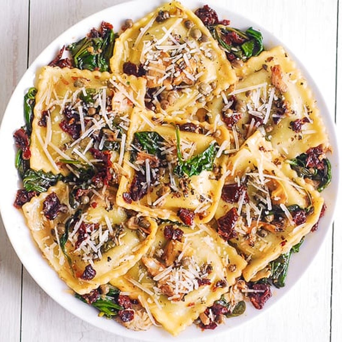 Italian Ravioli with Spinach, Artichokes, Capers, Sun-Dried Tomatoes