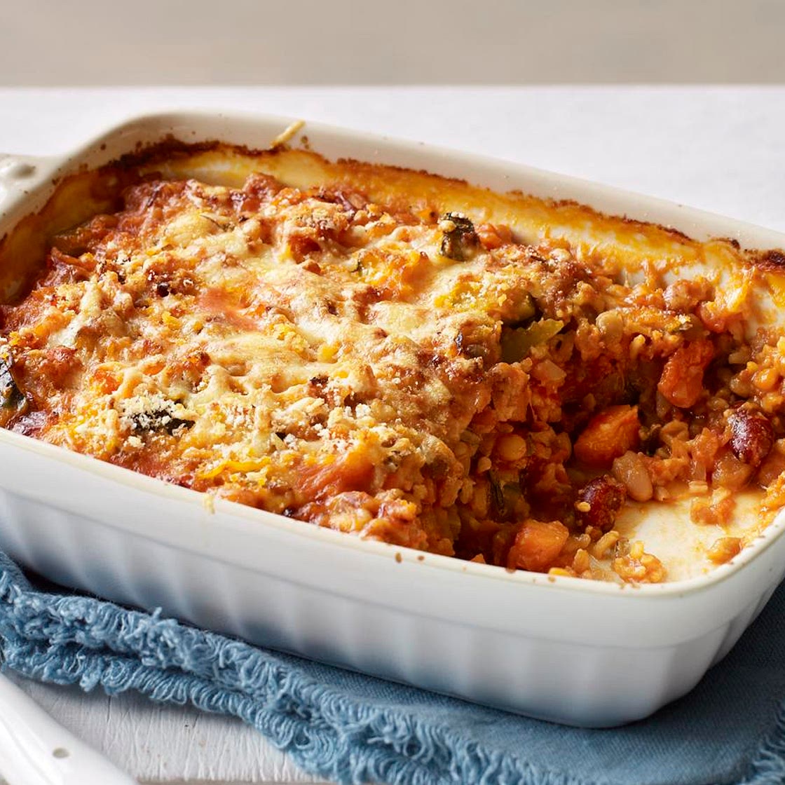 Cheesy bean and lentil bake