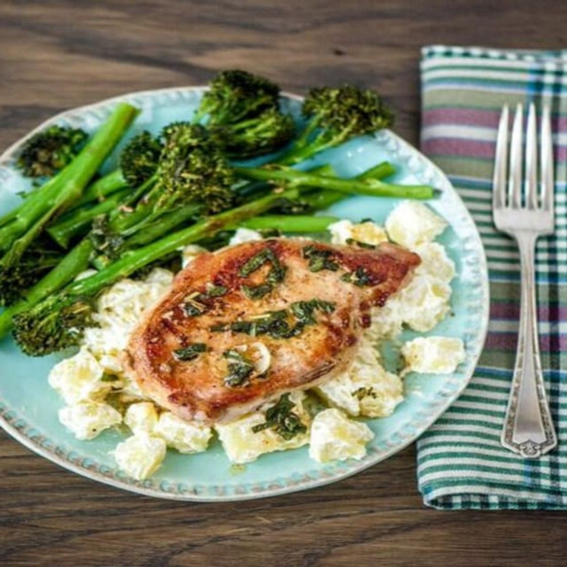 Sage-Butter Pork Chops with Roasted Broccolini and Citrusy Potato Salad