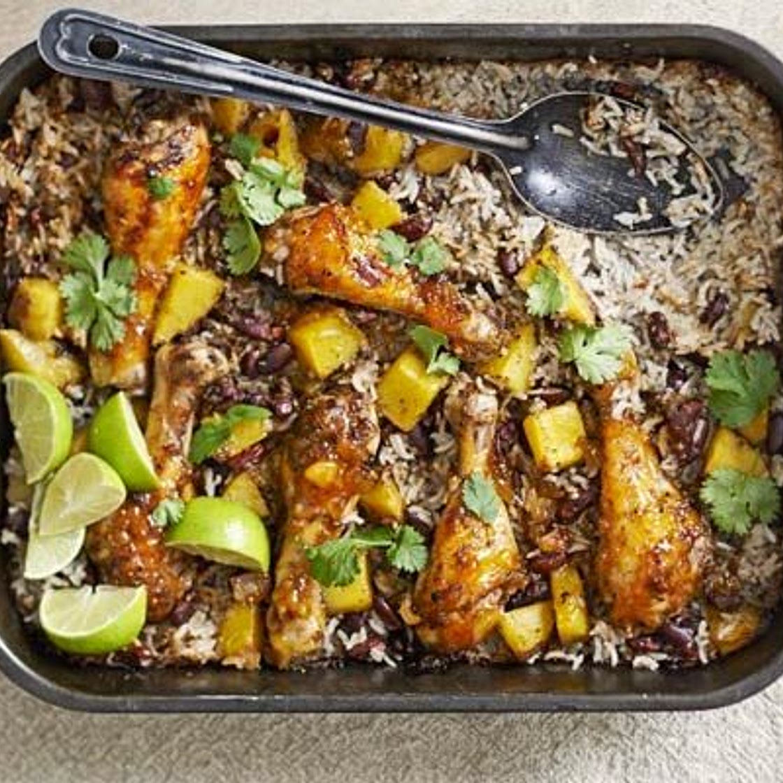 Mango chicken, bean & rice bake