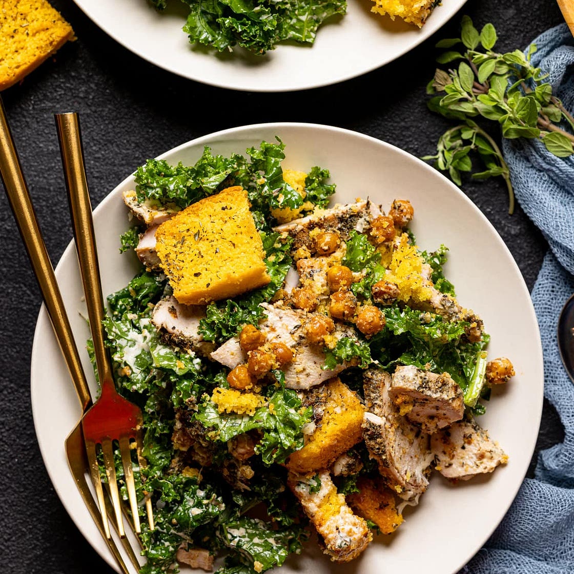 Chicken Caesar Salad with Cornbread Croutons