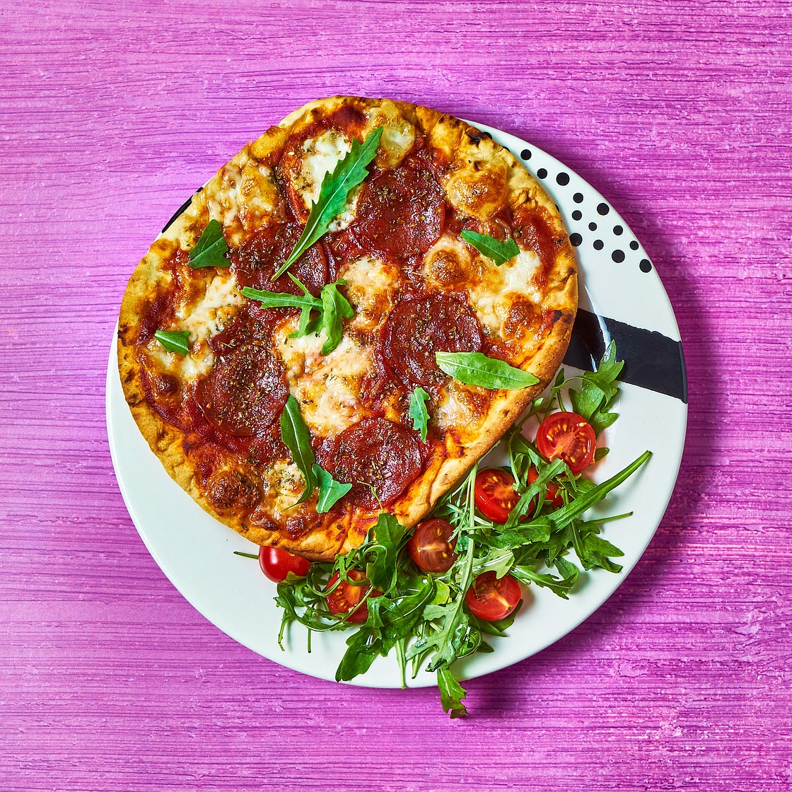 Pepperoni Pizza With Balsamic Salad