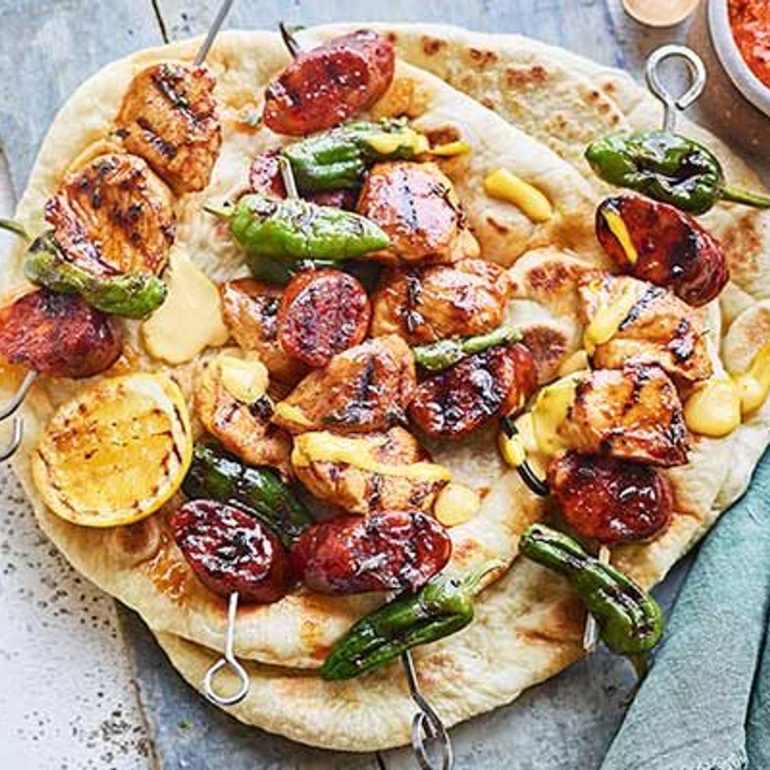 Sticky chicken & chorizo skewers