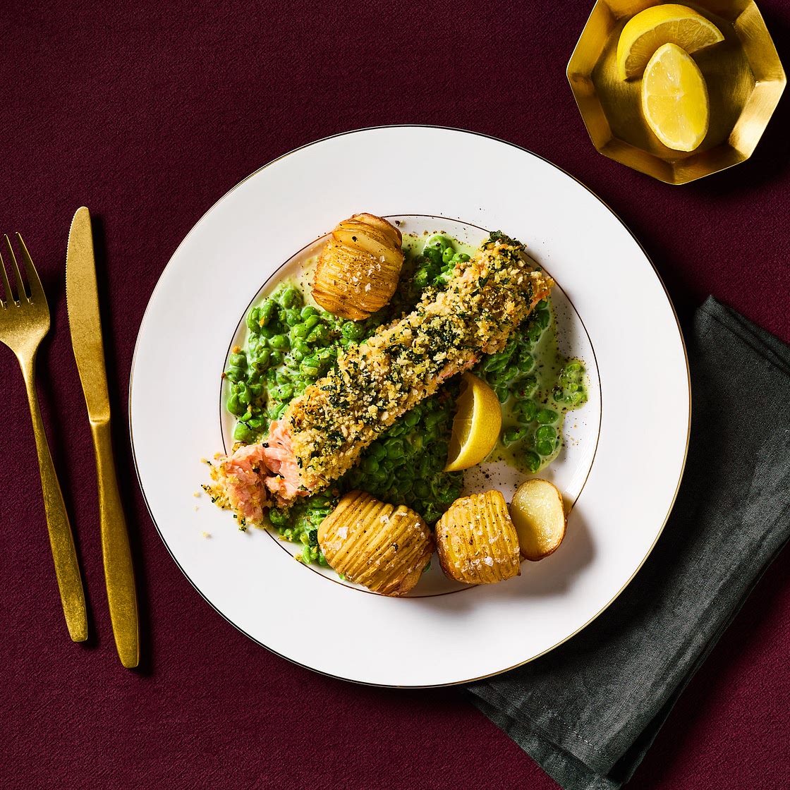 Herb-Crusted Salmon With Hasselback Potatoes