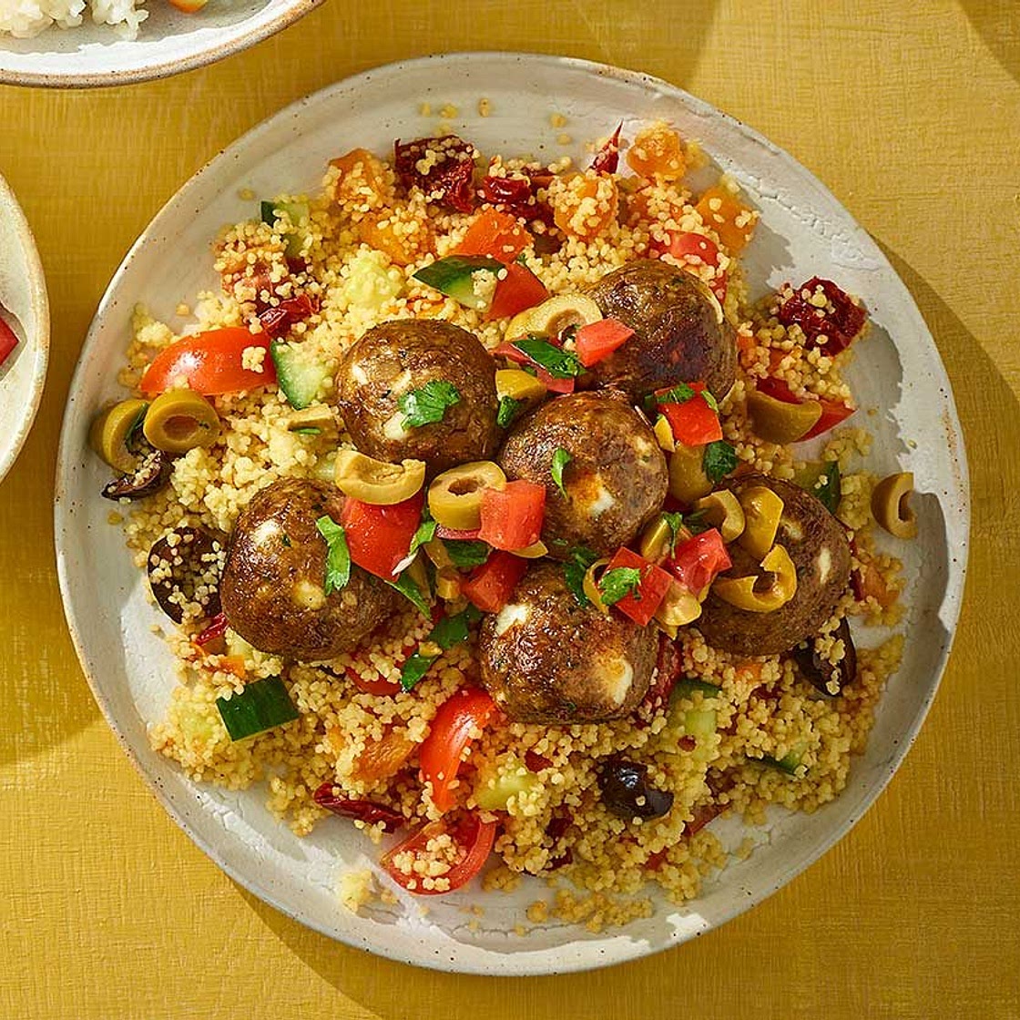 Lentil, ras-el hanout & date ‘meatballs’ with olive salsa