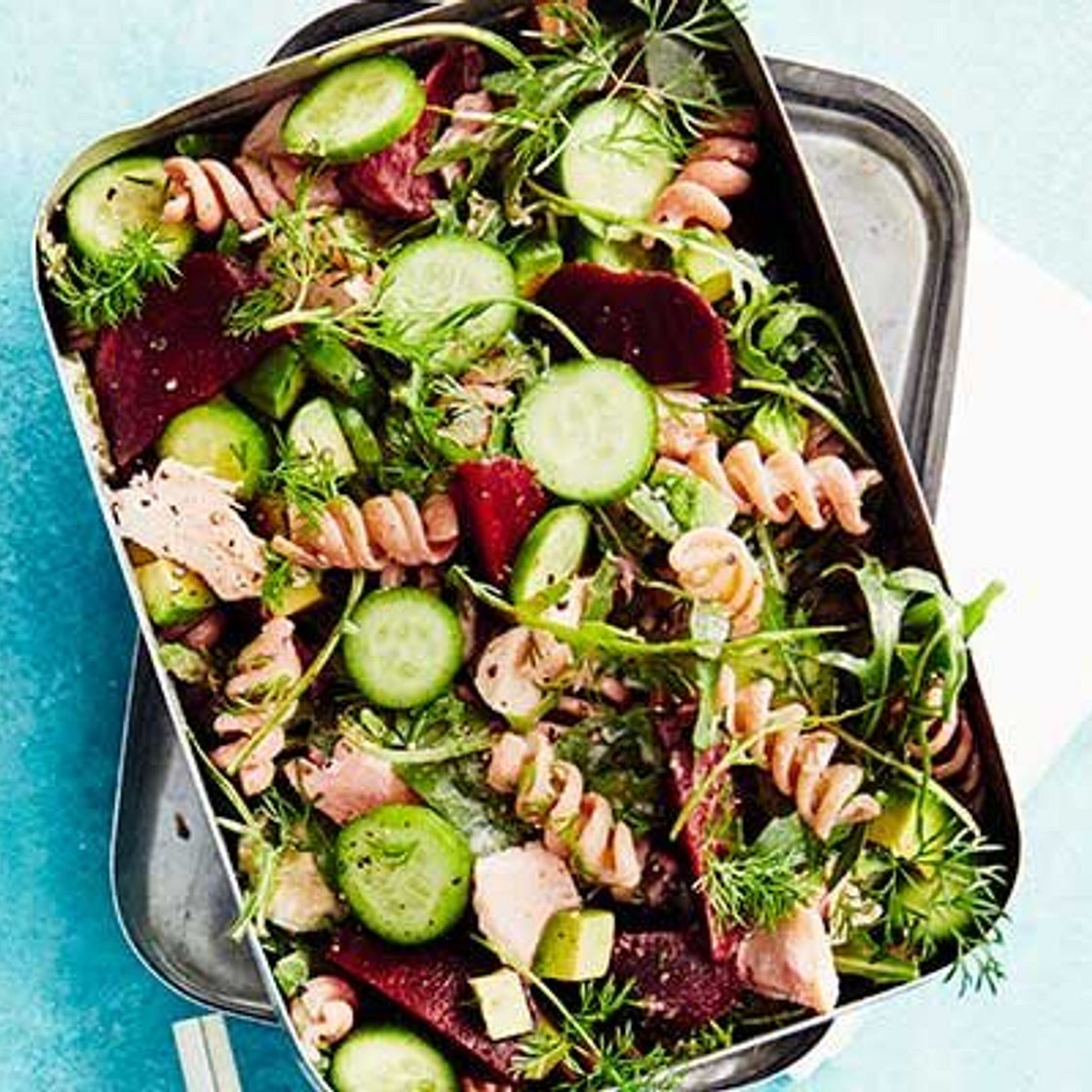 Scandi beetroot & salmon pasta