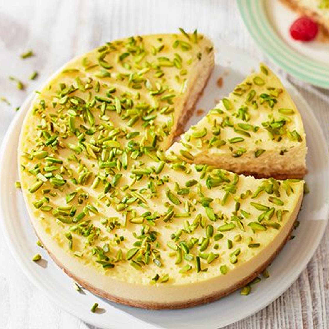 White chocolate, mascarpone & pistachio cheesecake