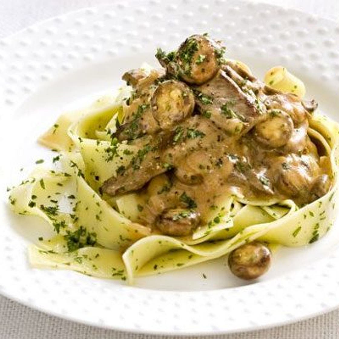 Beef stroganoff with herby pasta