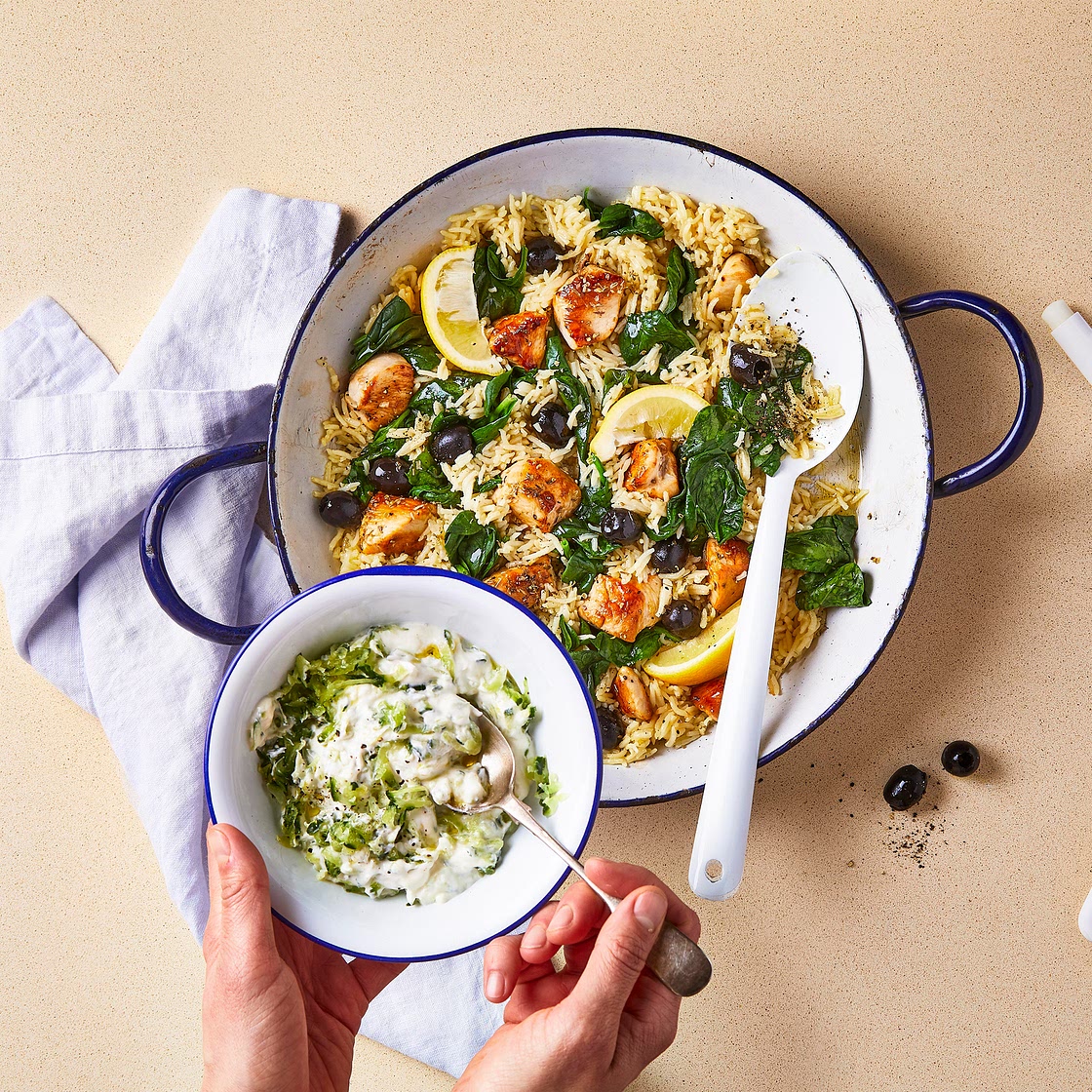 10-Min Greek Chicken Rice With Tzatziki