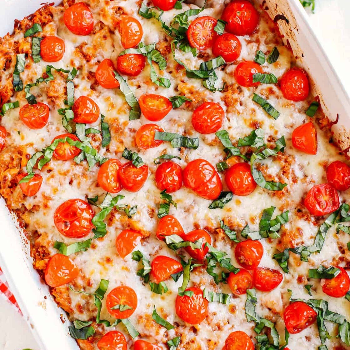Cheesy Caprese Chicken & Quinoa Casserole