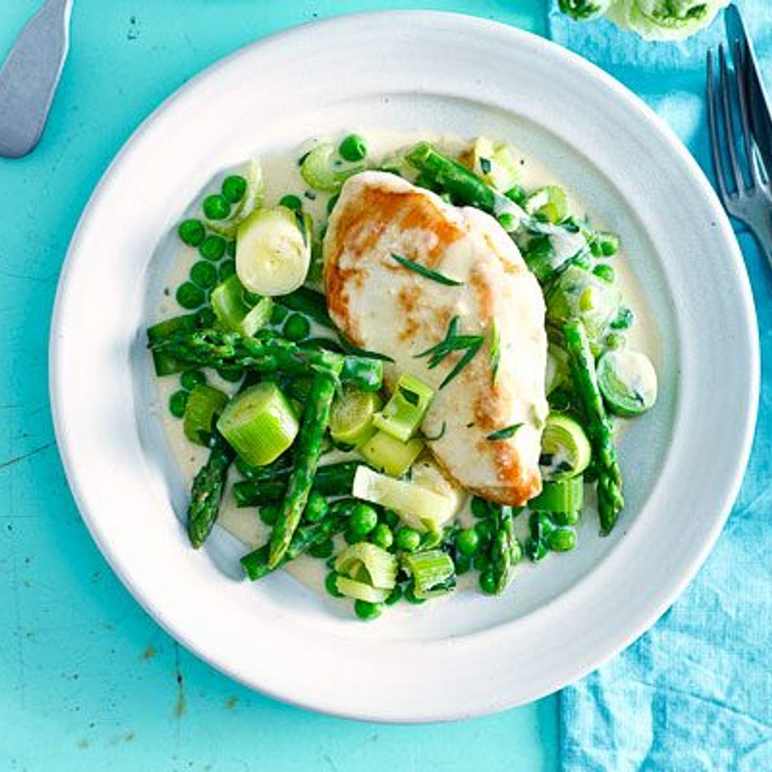 Creamy chicken & asparagus braise