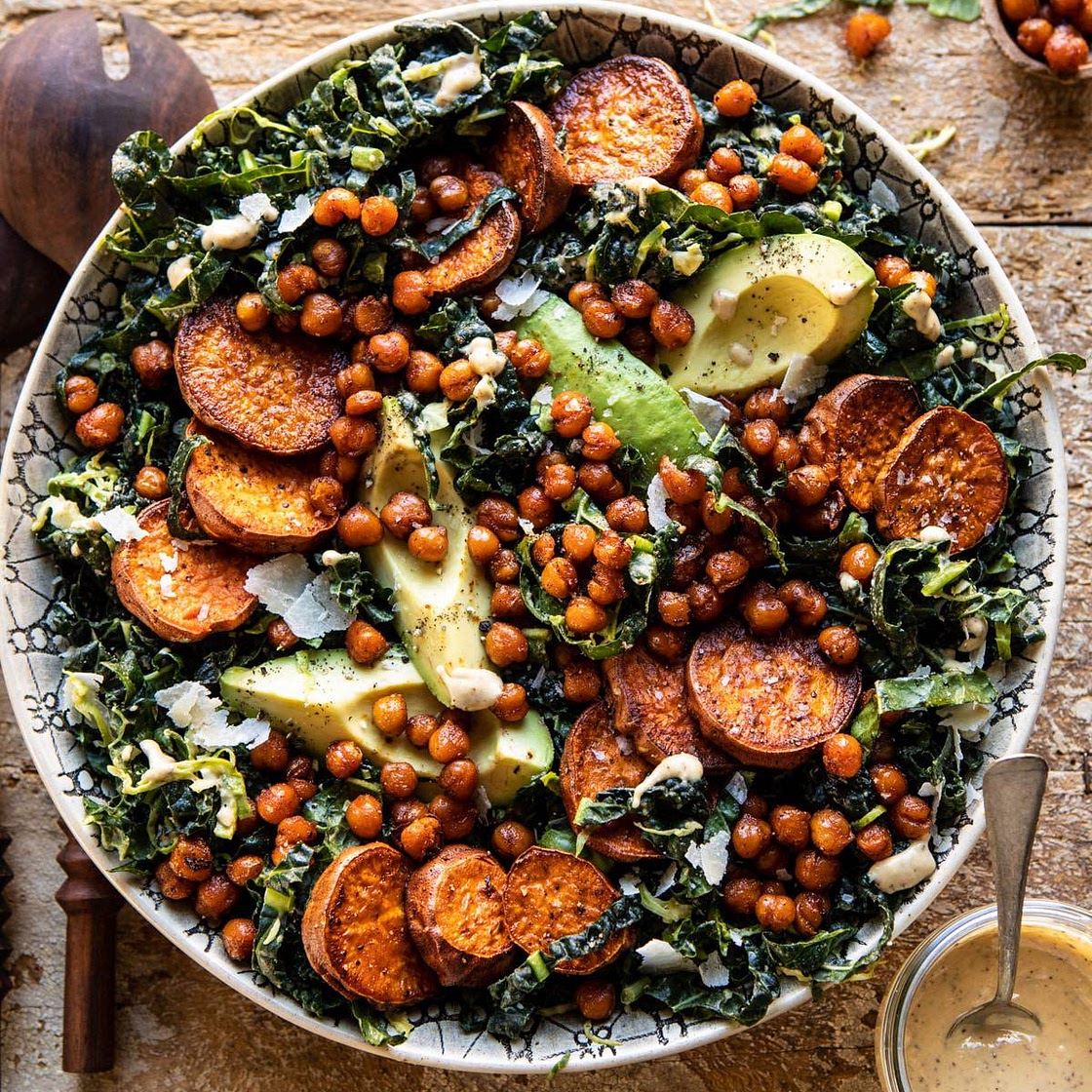 Kale Caesar Salad with Sweet Potatoes and Crispy Chickpeas