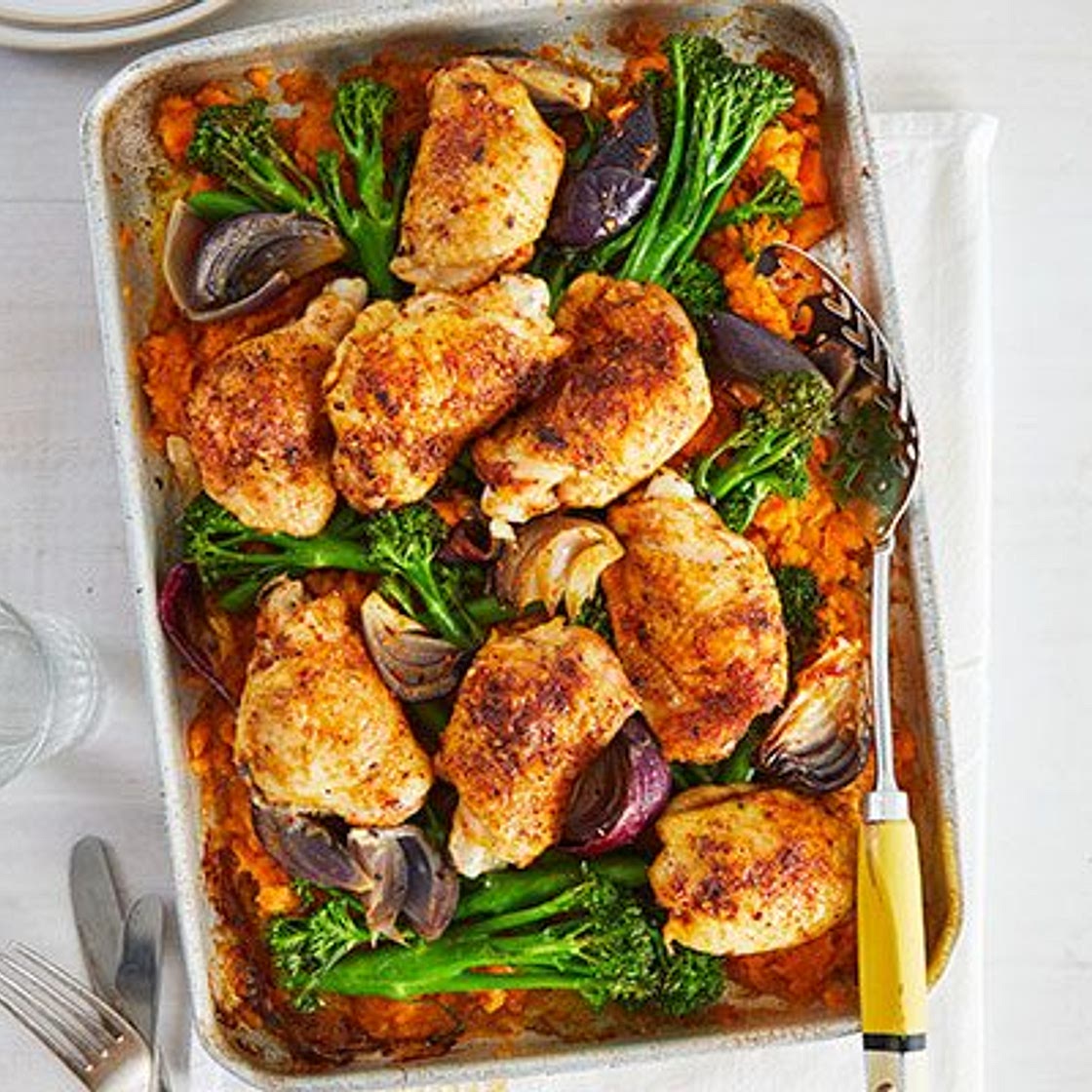 Piri-piri chicken with smashed sweet potatoes & broccoli