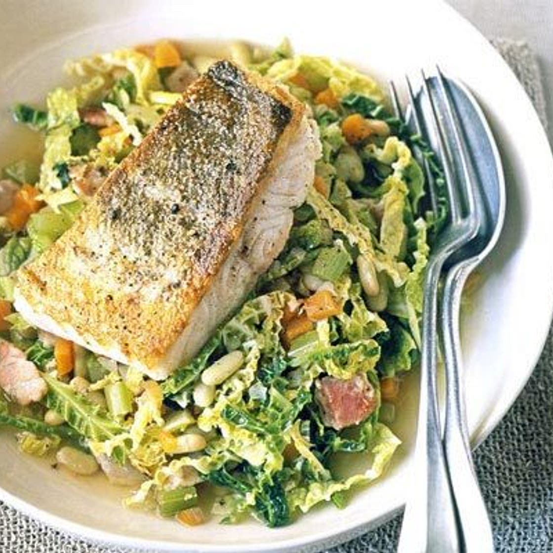 One-pot cabbage & beans with white fish