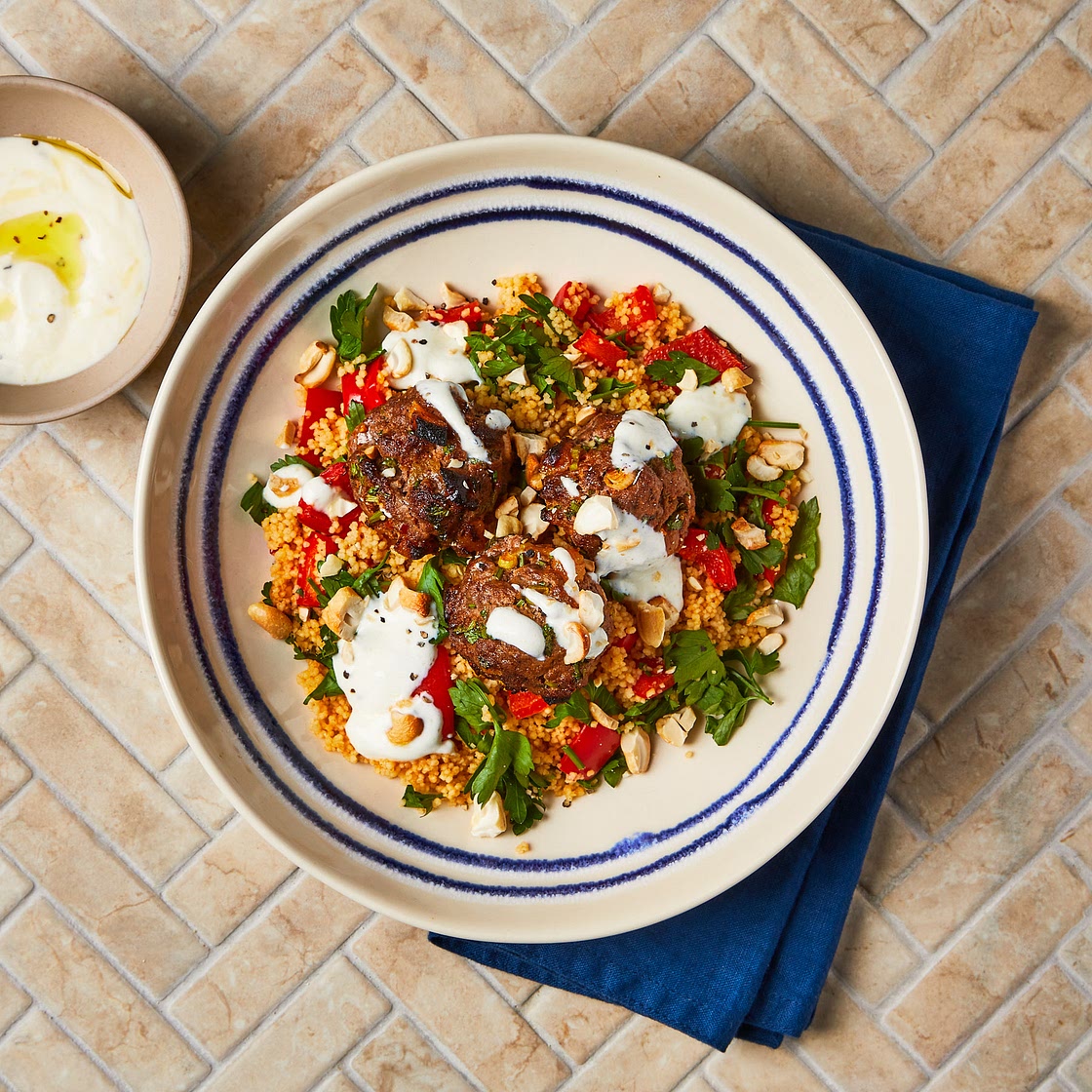 Harissa Beef Meatballs With Roasted Pepper Couscous